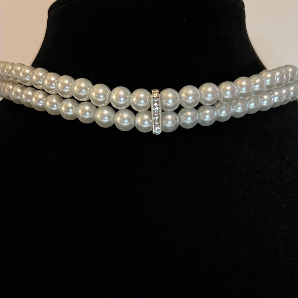 Double Strand Faux Pearl Choker Necklace with Rhinestone Spacers